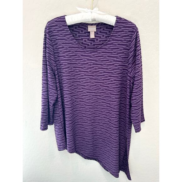 CHICO’S | Purple Knit Textured Stripes 3/4 Sleeve Asymmetrical Tunic Top | Large - Picture 1 of 8